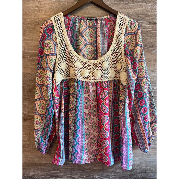 Cha cha Vente Boho Blouse Size Large Crochet Long Sleeves Round Neck - Picture 1 of 8